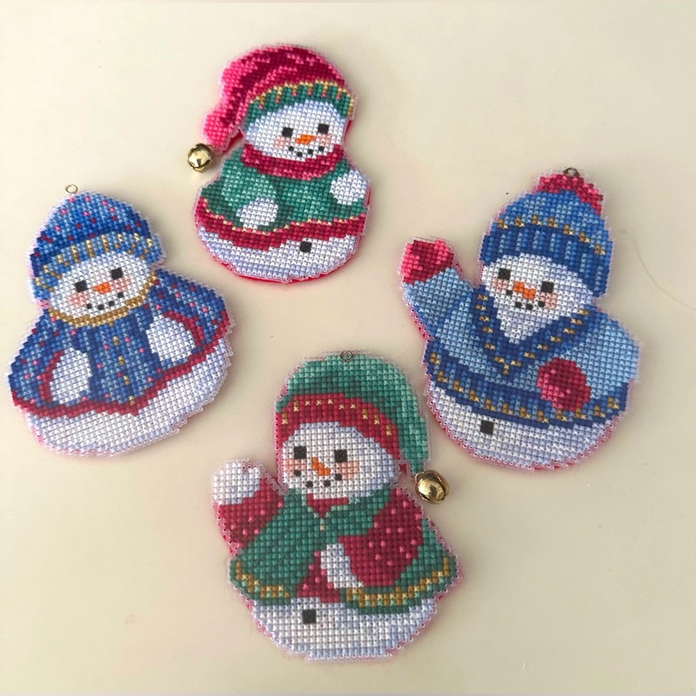 Handmade Holiday Set of 4 Snowman Snowmen Christmas Ornaments Cross Stitch Rare